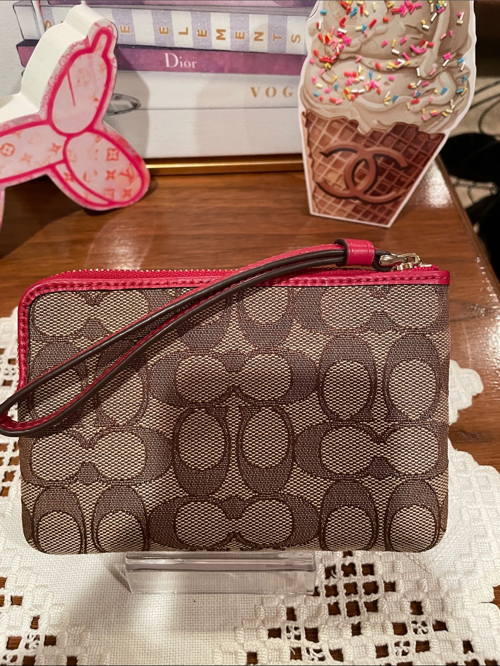 Coach Brown Signature Wristlet with Red Trim - Picture 3 of 5
